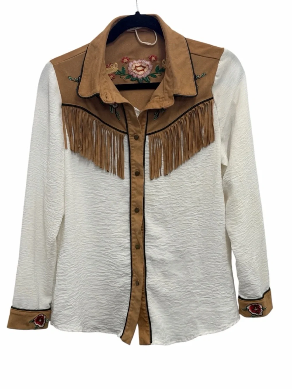 John Moon Texas Fringe Western Shirt Floral Embroidered Cowgirl Top M - Picture 2 of 5